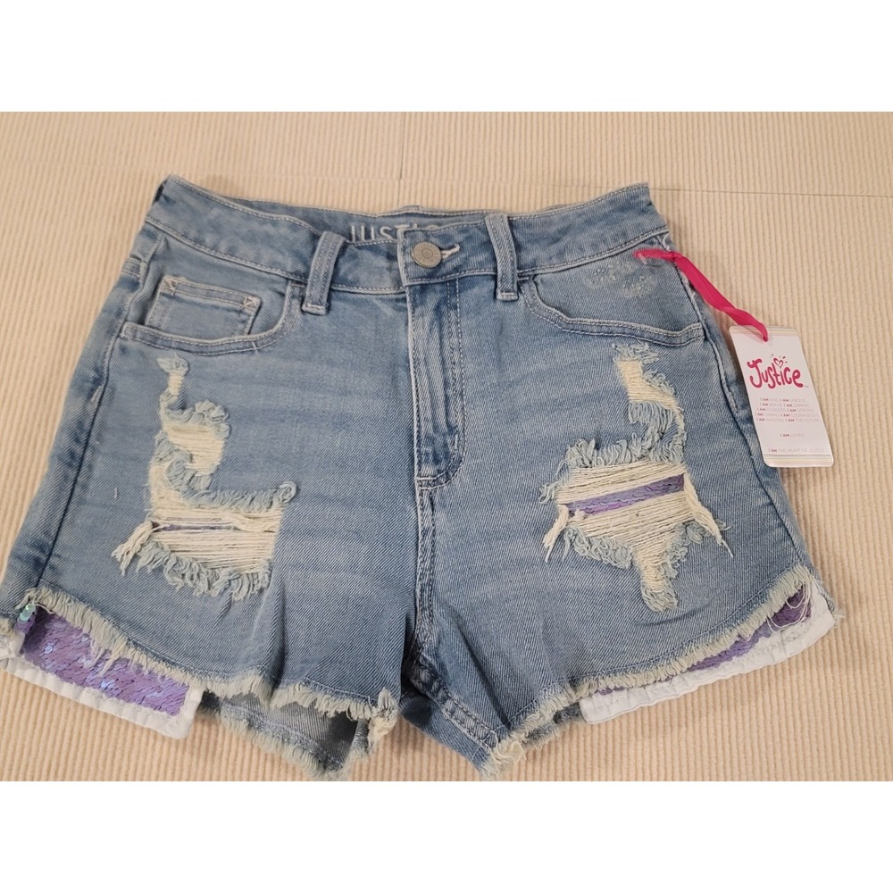 Justice New Short Shorts Jeans size 16 glitter under pockets front wear Tags